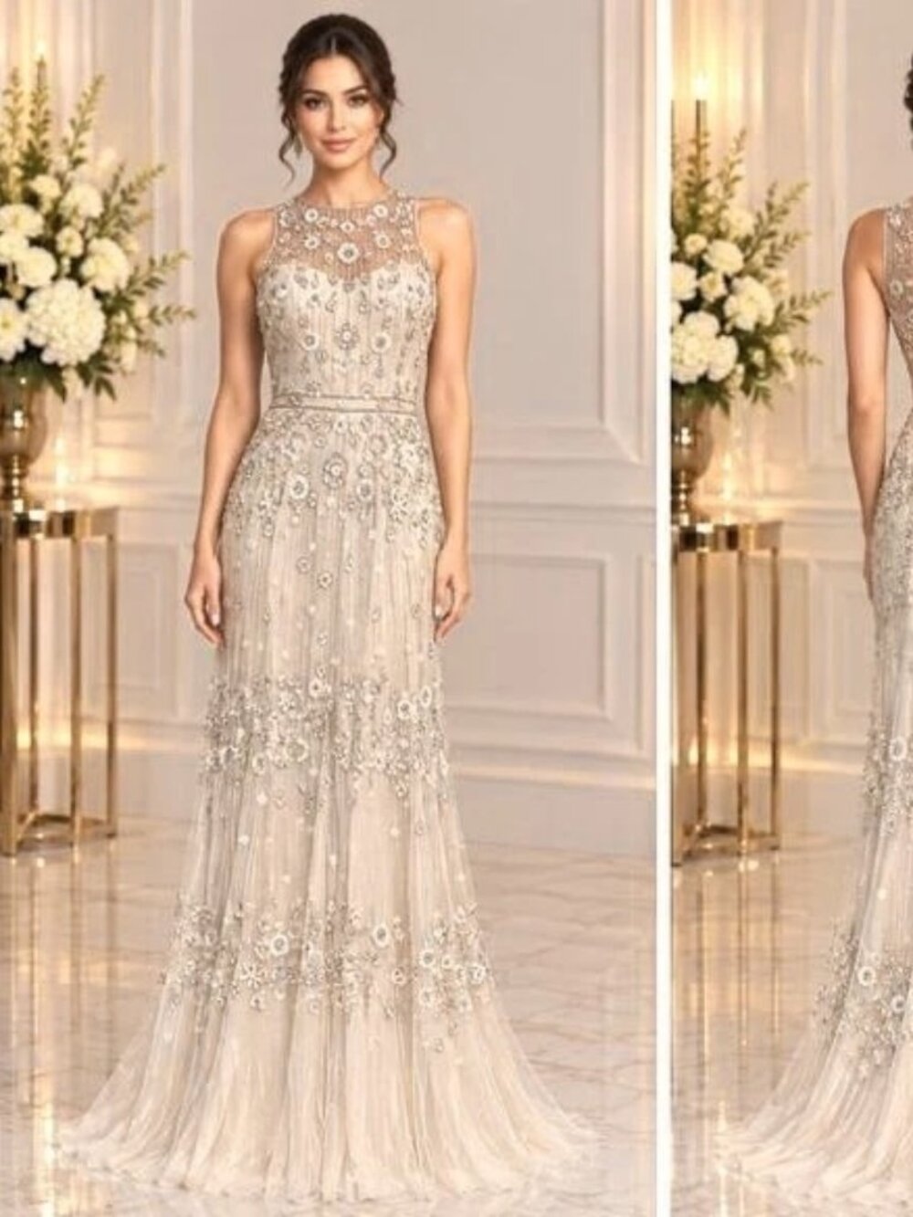Melissa Sweet Ivory Floral Beaded Tulle Sheath Wedding Dress